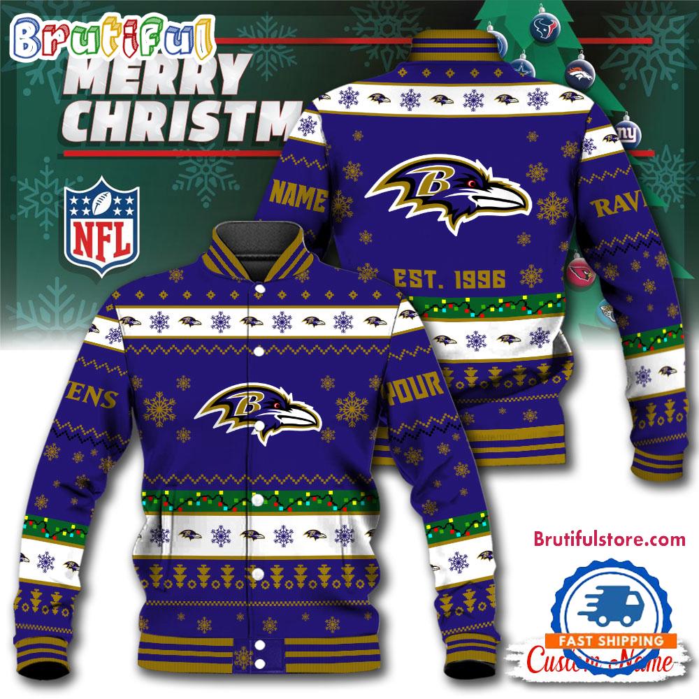 NFL Baltimore Ravens Snow Xmas Tree Christmas Custom Baseball Jacket