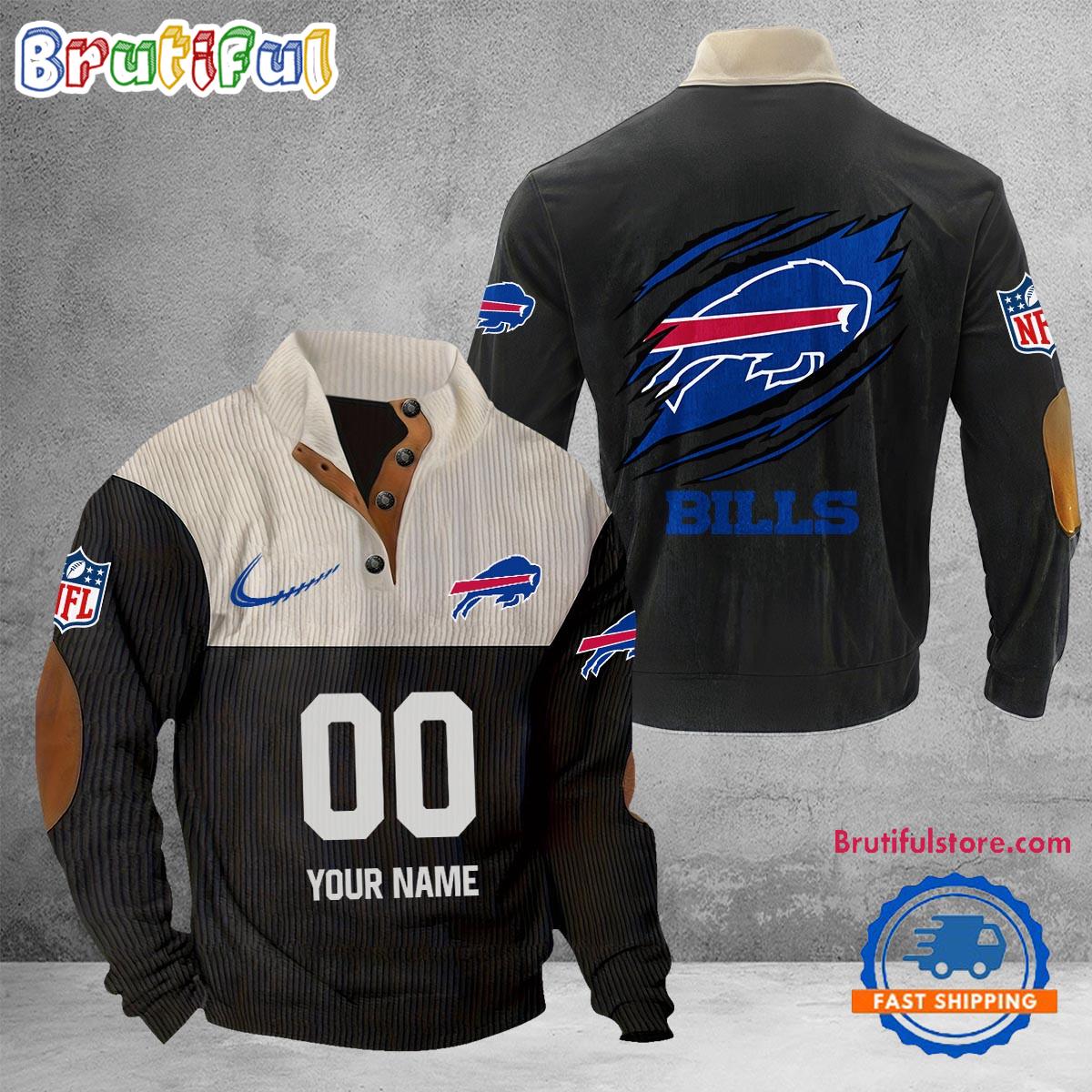 NFL Buffalo Bills Football Team Custom Name And Number Buttoned Collar Sweatshirt