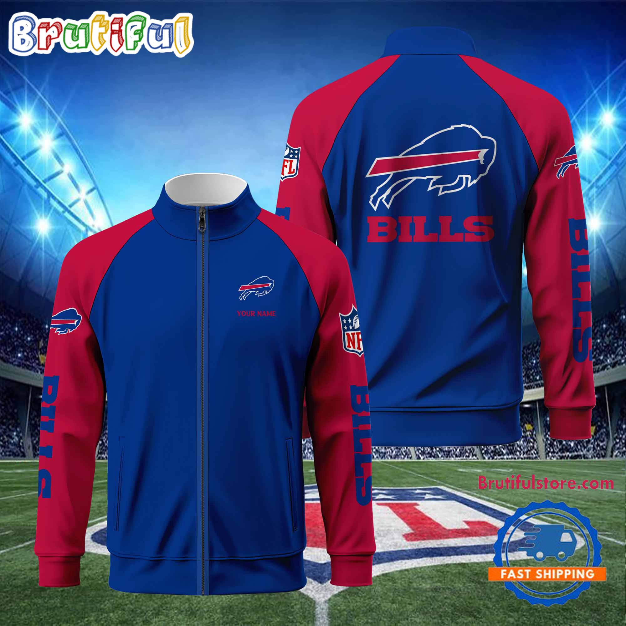 NFL Buffalo Bills Football Team Custom Name Standing Neck Zipper Jacket
