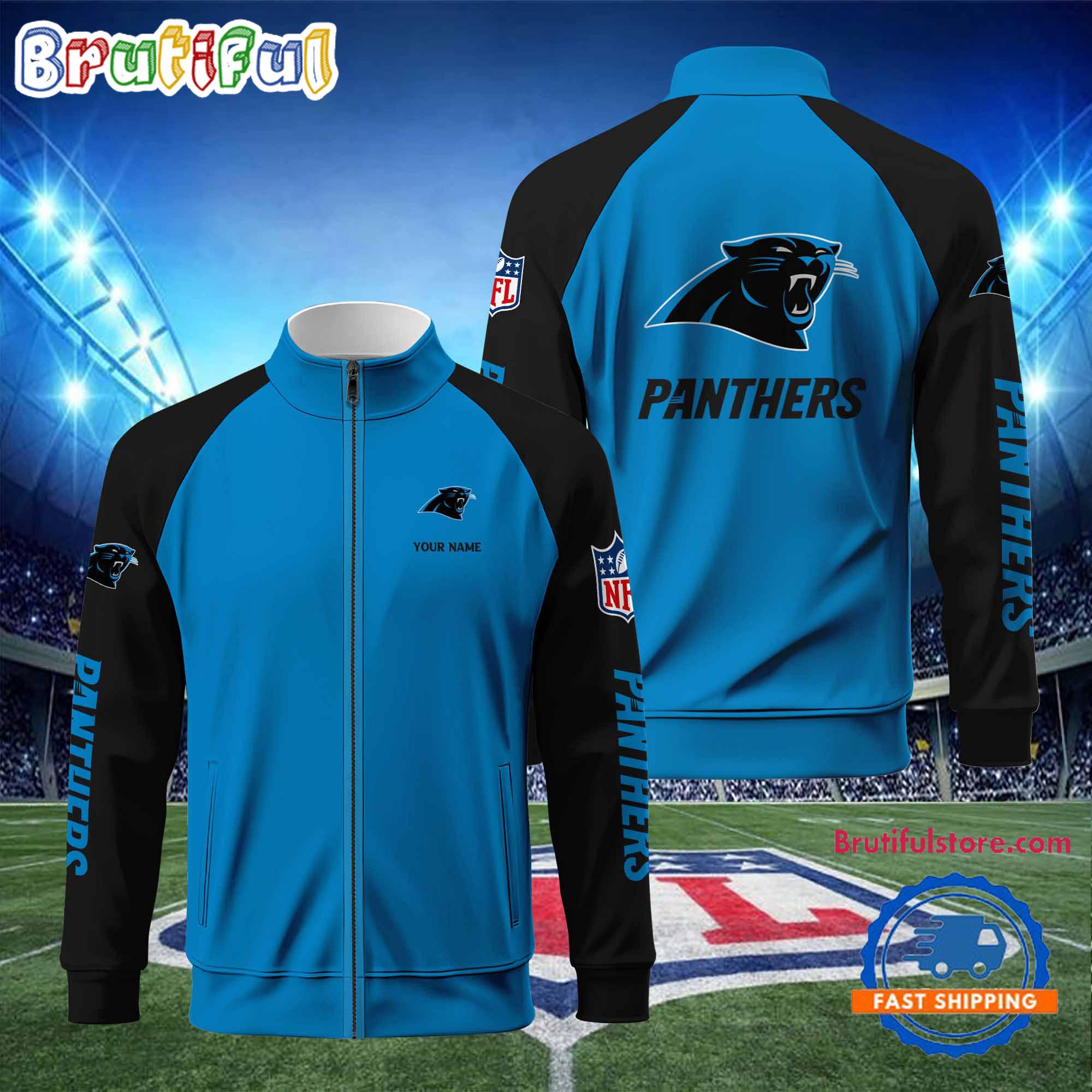 NFL Carolina Panthers Football Team Custom Name Standing Neck Zipper Jacket