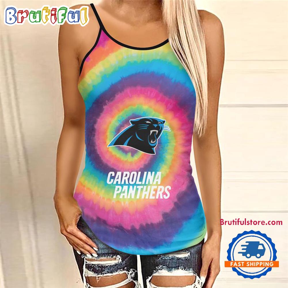 NFL Carolina Panthers Rainbow Pattern Summer Women's Criss Cross Tank Top