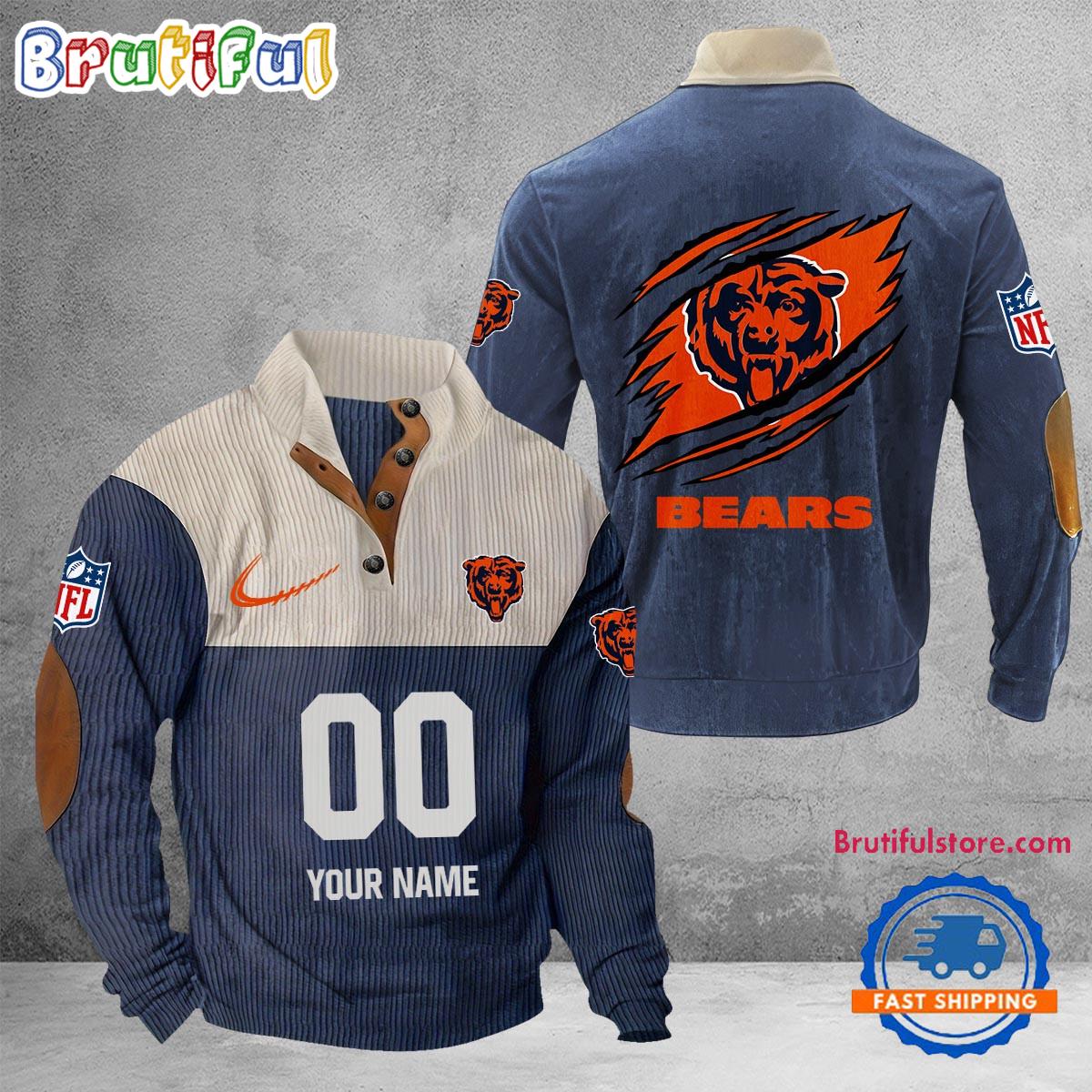 NFL Chicago Bears Football Team Custom Name And Number Buttoned Collar Sweatshirt - Image 2