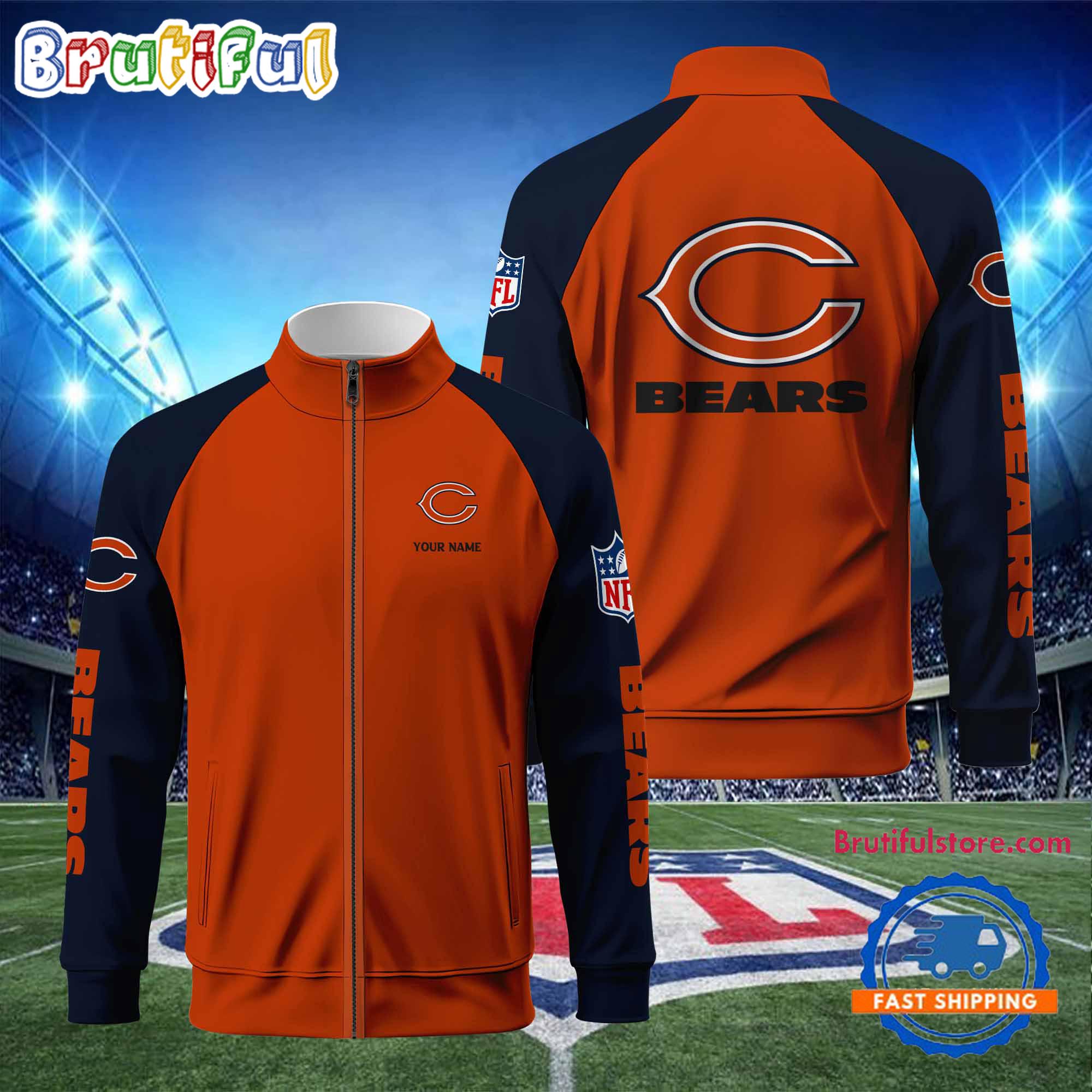 NFL Chicago Bears Football Team Custom Name Standing Neck Zipper Jacket