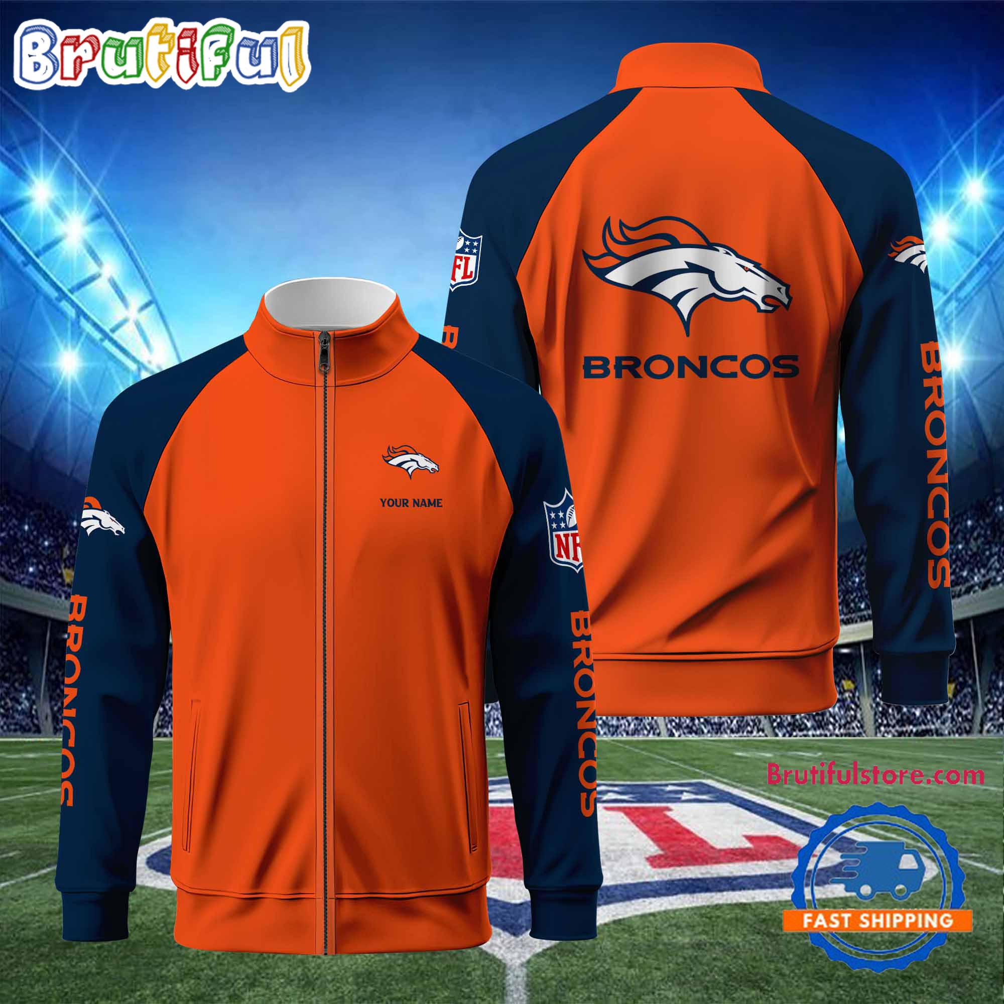 NFL Denver Broncos Football Team Custom Name Standing Neck Zipper Jacket