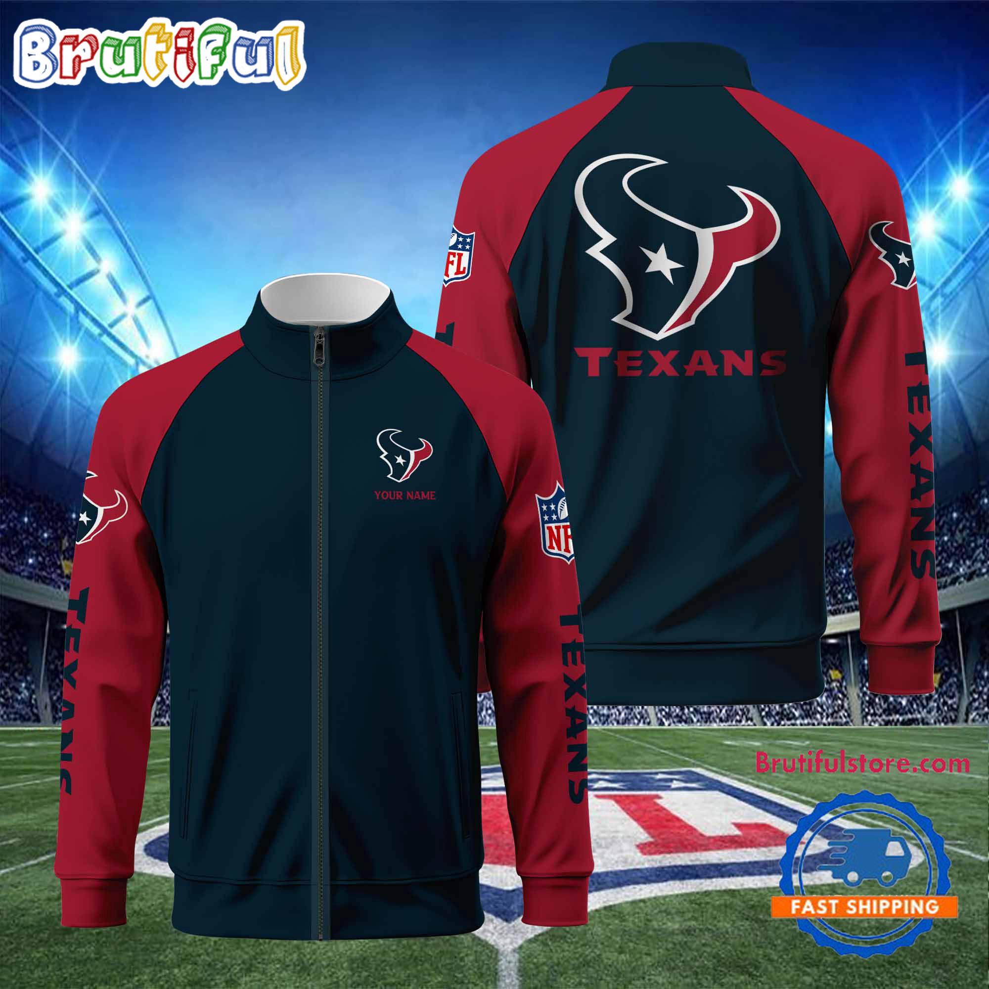 NFL Houston Texans Football Team Custom Name Standing Neck Zipper Jacket