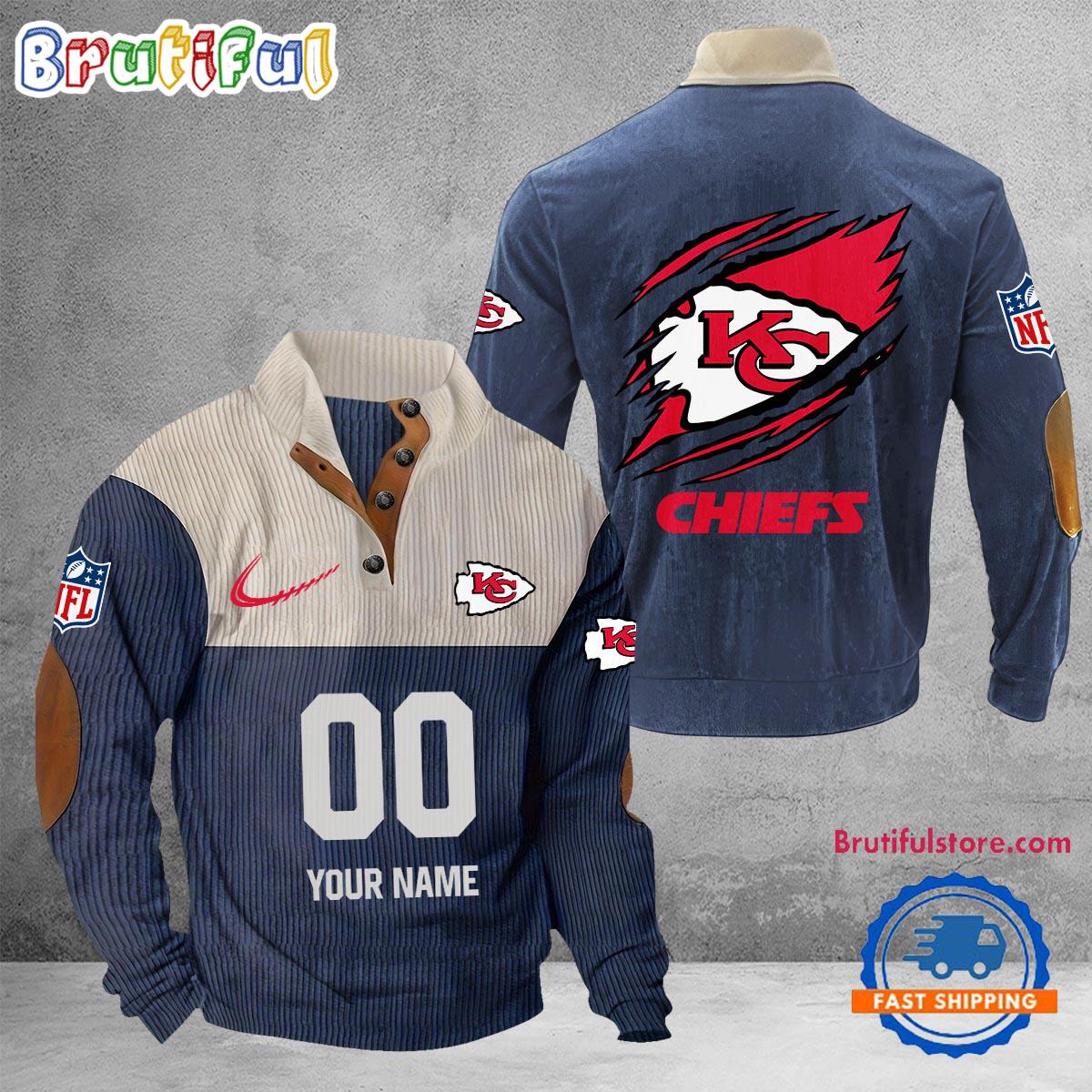 NFL Kansas City Chiefs Football Team Custom Name And Number Buttoned Collar Sweatshirt - Image 2