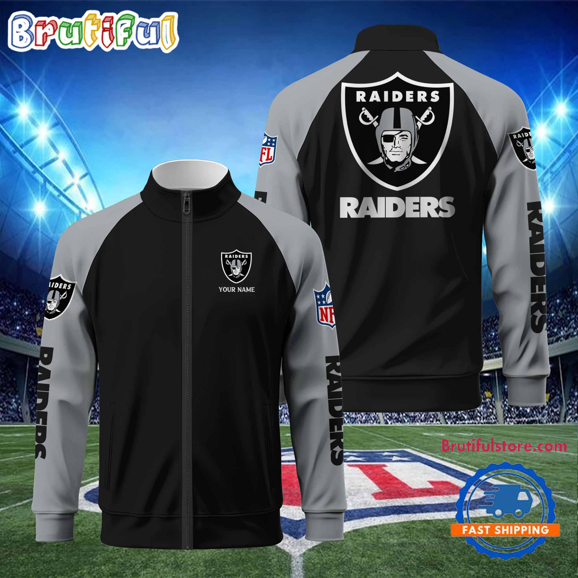 NFL Las Vegas Raiders Football Team Custom Name Standing Neck Zipper Jacket