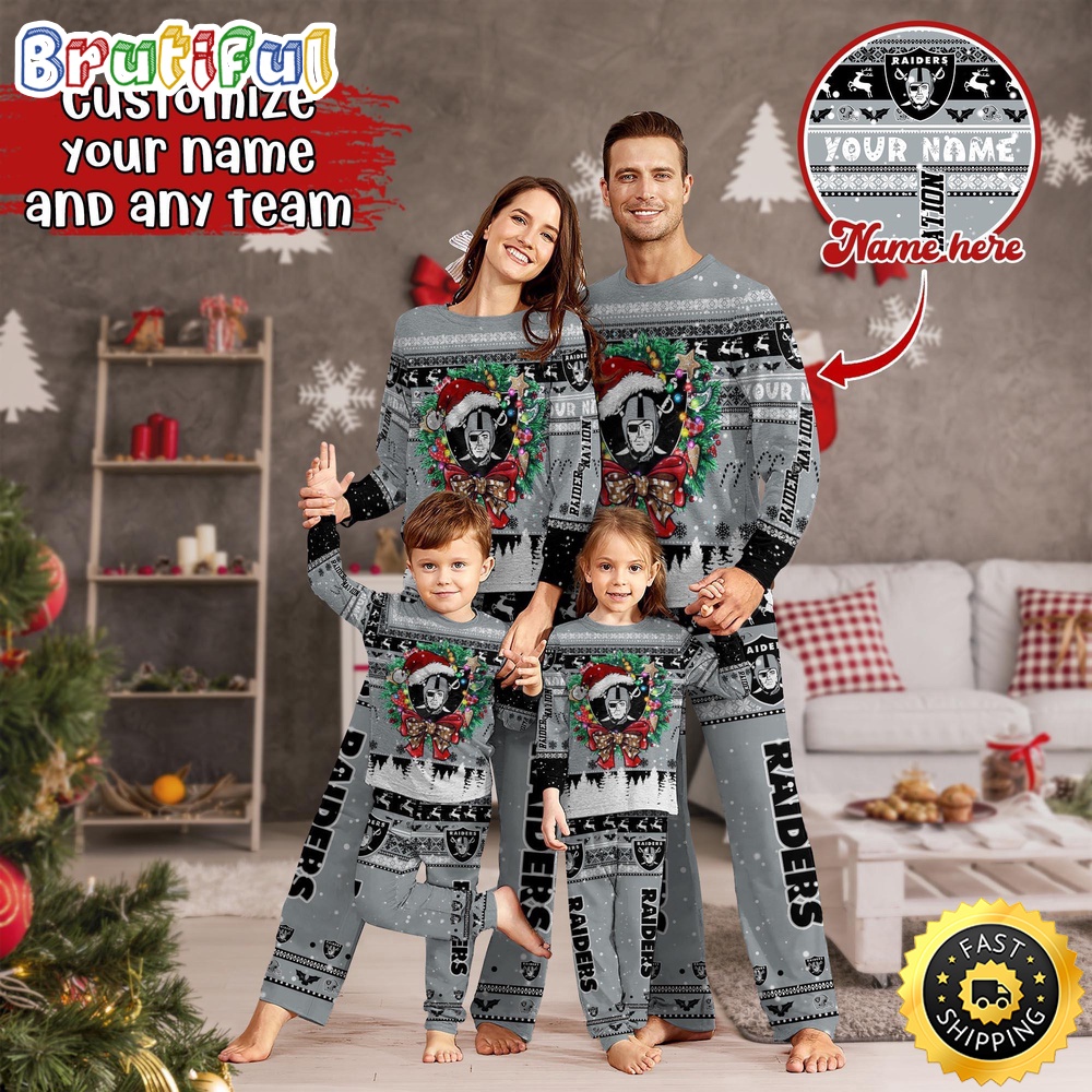 NFL Las Vegas Raiders Pajamas Christmas For Family Custom Name Pajamas