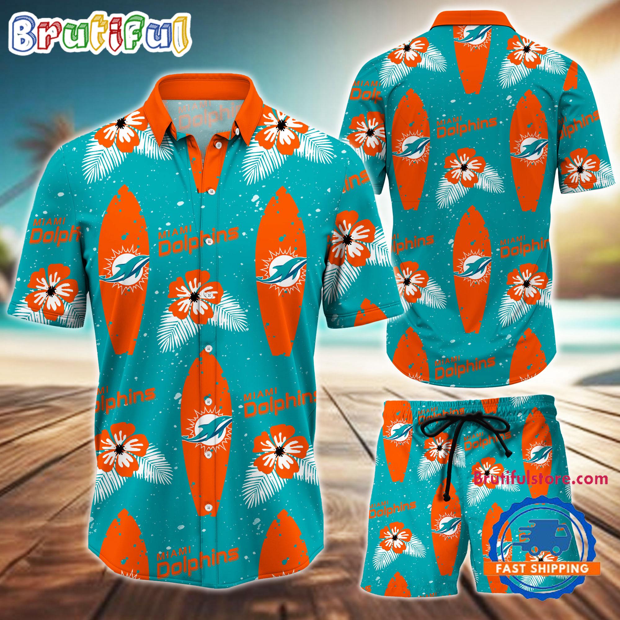 NFL Miami Dolphins Flower Pattern Hawaiian Shirt And Shorts, Football Summer Hawaiian Set