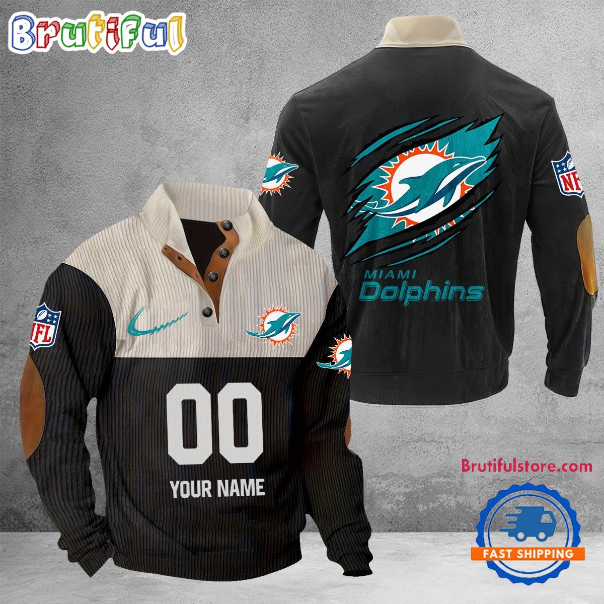 NFL Miami Dolphins Football Team Custom Name And Number Buttoned Collar Sweatshirt
