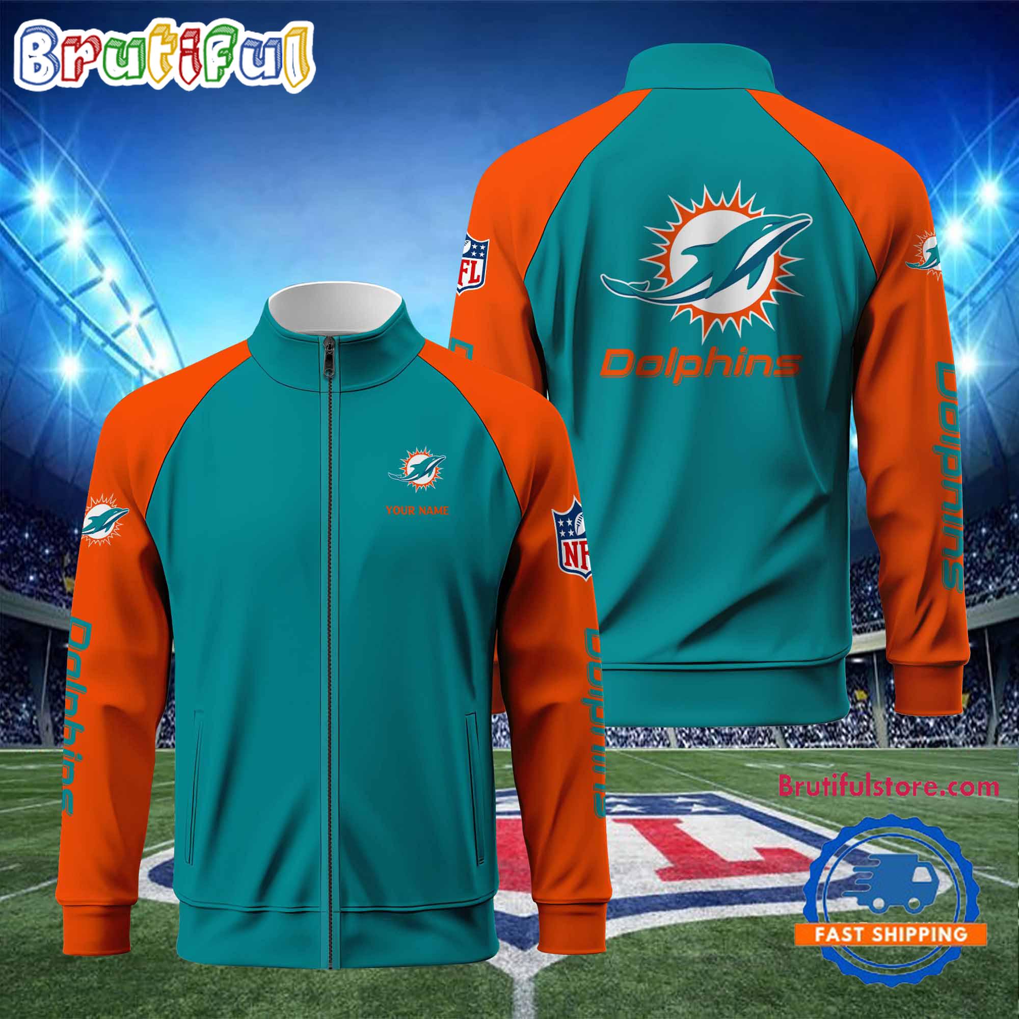 NFL Miami Dolphins Football Team Custom Name Standing Neck Zipper Jacket