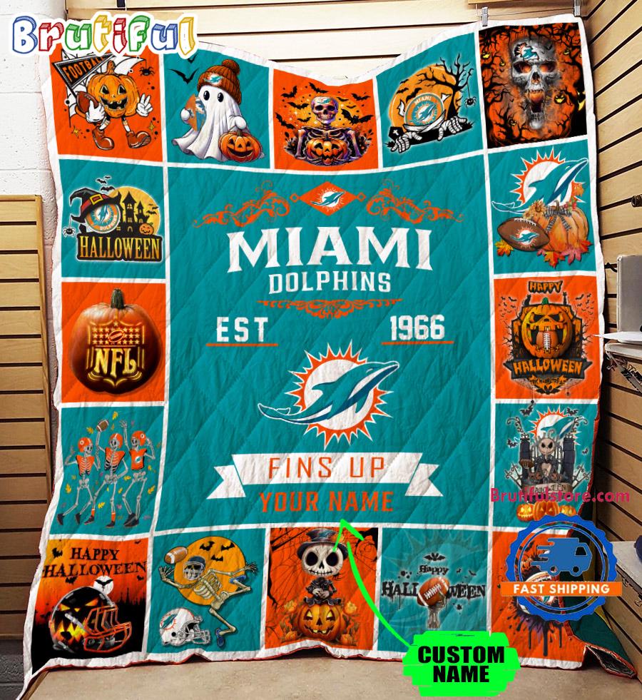 NFL Miami Dolphins Football Team Special Skeleton Pumpkin Halloween Blanket