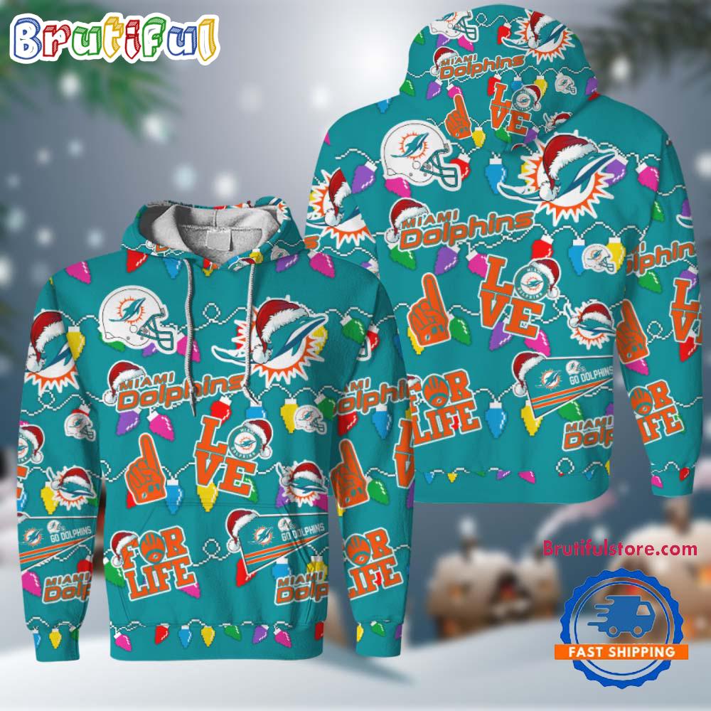 NFL Miami Dolphins Love For Life Football Team Merry Christmas Hoodie Shirt