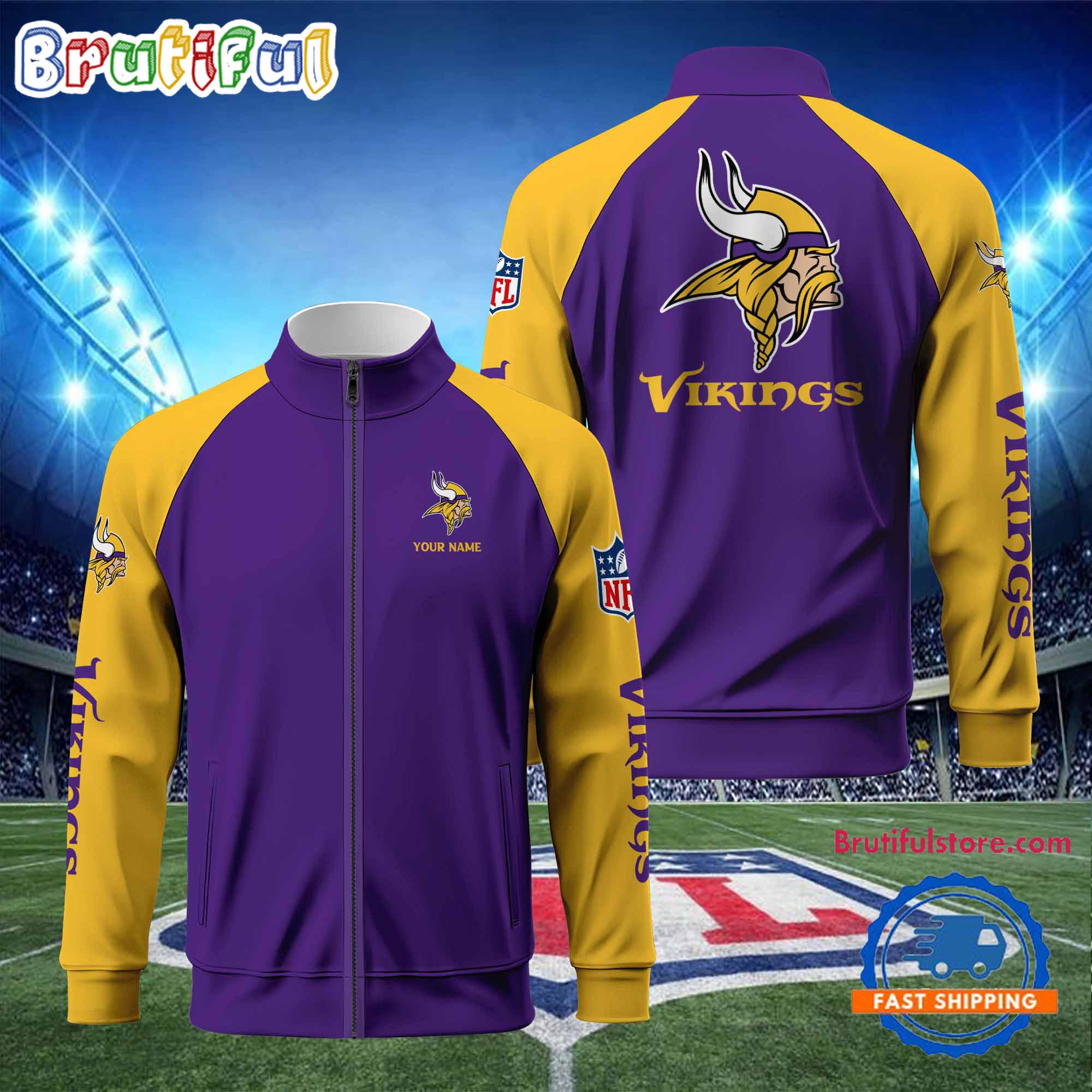 NFL Minnesota Vikings Football Team Custom Name Standing Neck Zipper Jacket