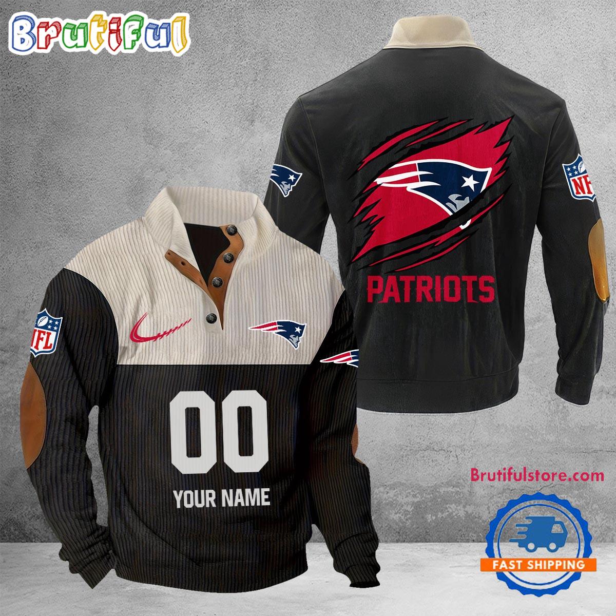 NFL New England Patriots Football Team Custom Name And Number Buttoned Collar Sweatshirt