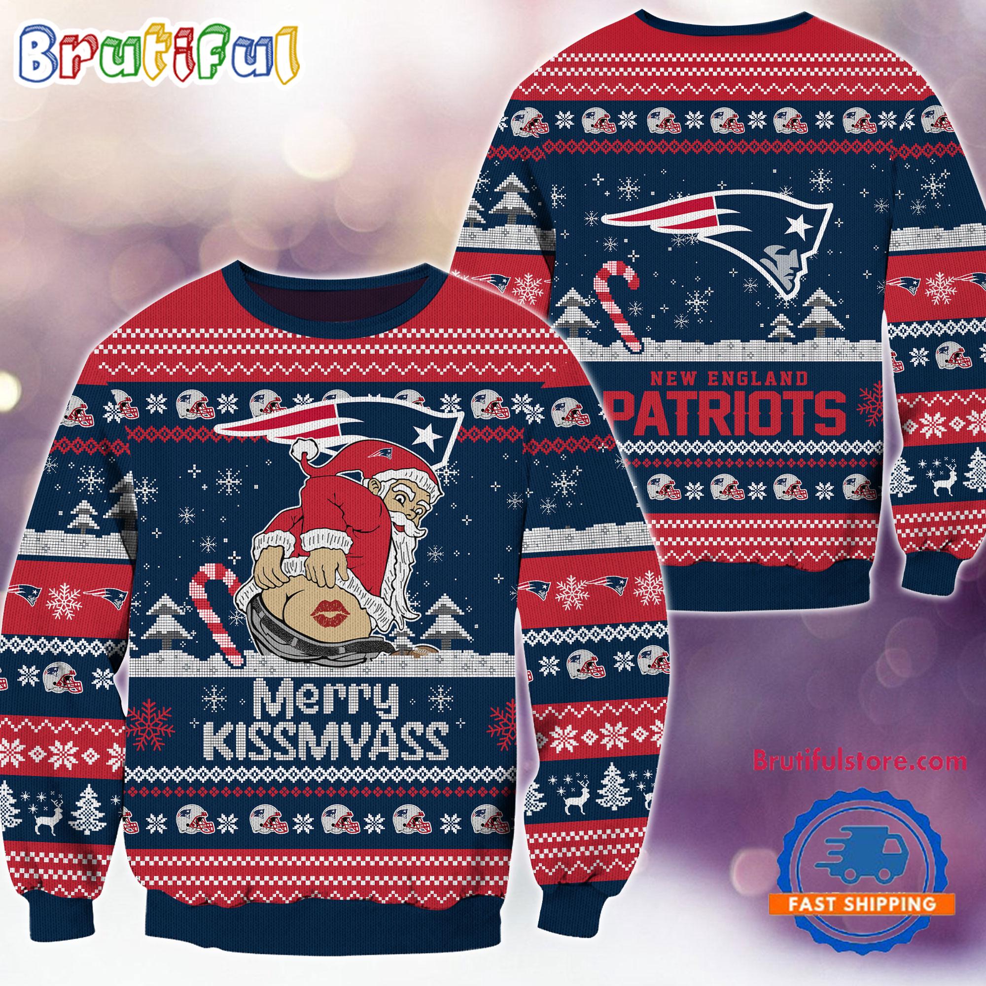 New England Patriots NFL 2024 Merrykissmyass Funny Santa Claus Christmas Ugly Sweater