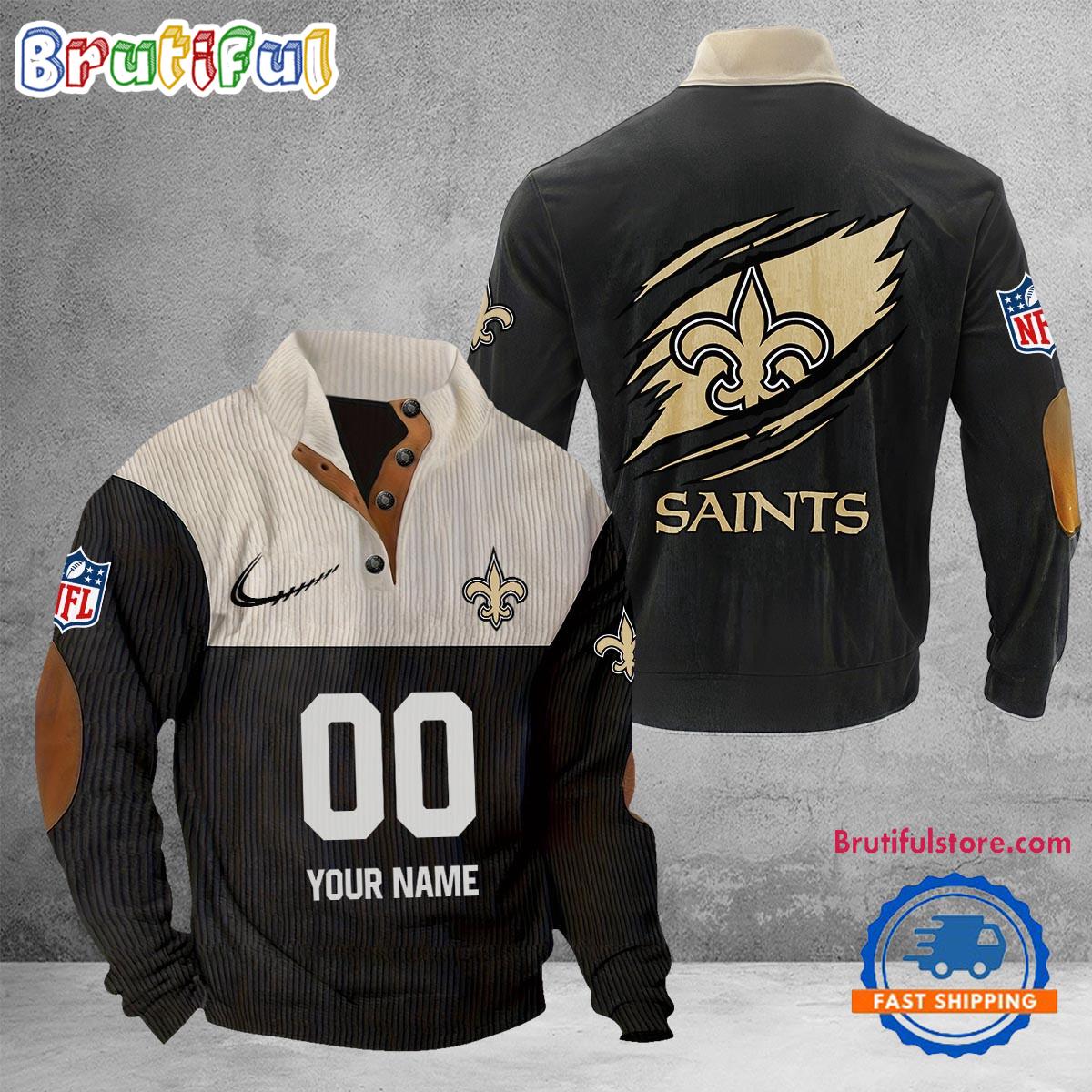 NFL New Orleans Saints Football Team Custom Name And Number Buttoned Collar Sweatshirt