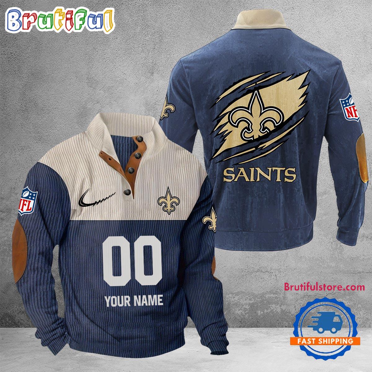 NFL New Orleans Saints Football Team Custom Name And Number Buttoned Collar Sweatshirt - Image 2