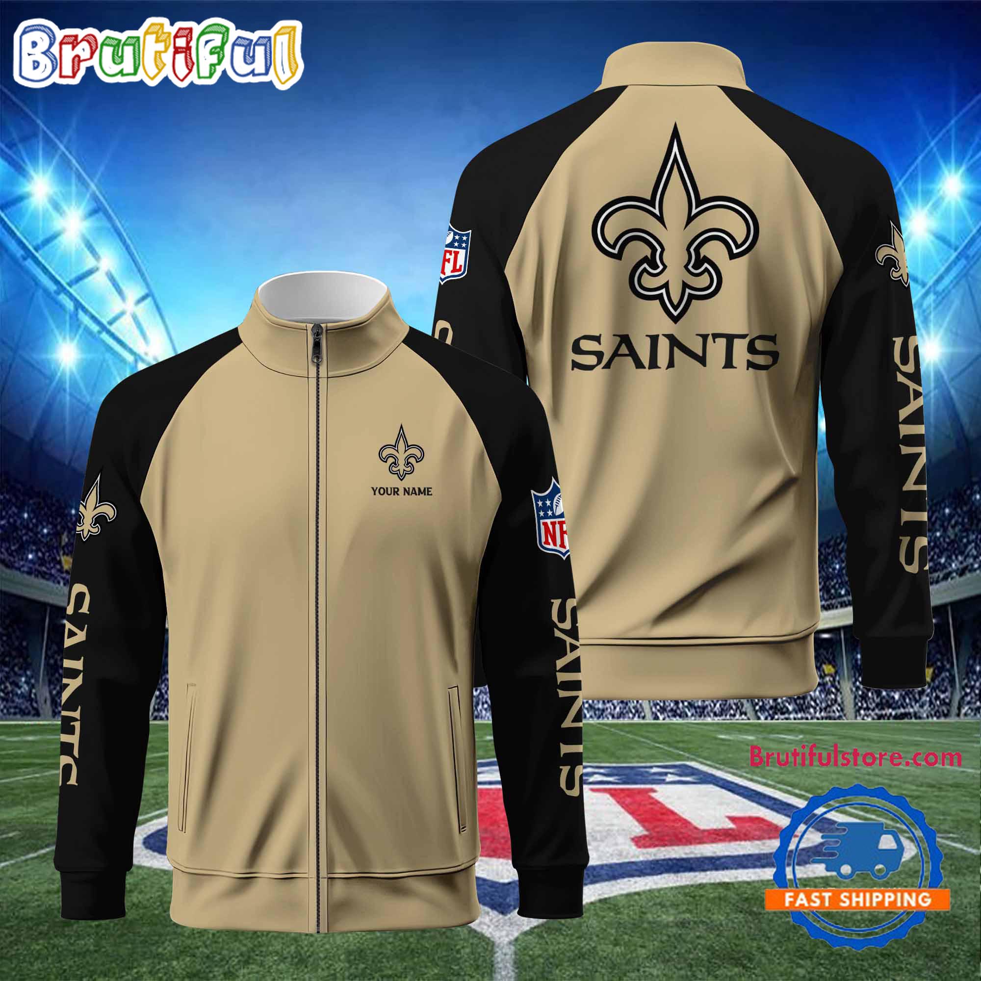 NFL New Orleans Saints Football Team Custom Name Standing Neck Zipper Jacket
