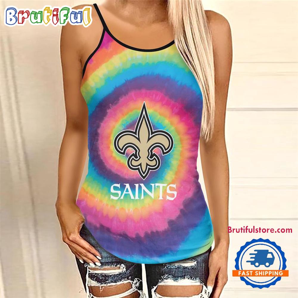 NFL New Orleans Saints Rainbow Pattern Summer Women's Criss Cross Tank Top