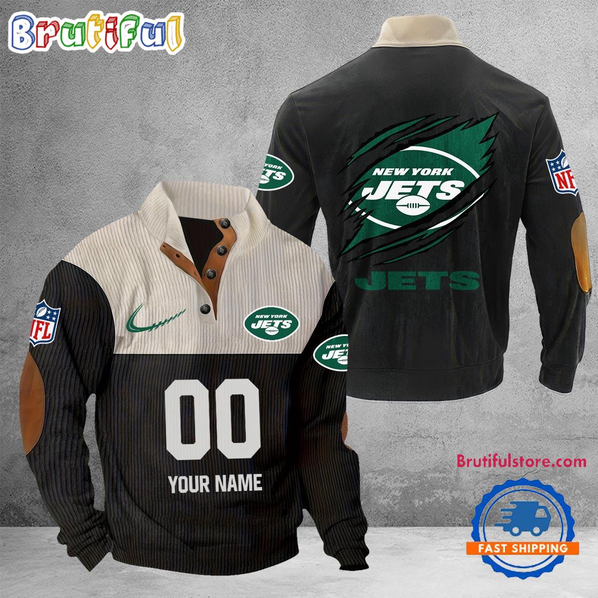 NFL New York Jets Football Team Custom Name And Number Buttoned Collar Sweatshirt