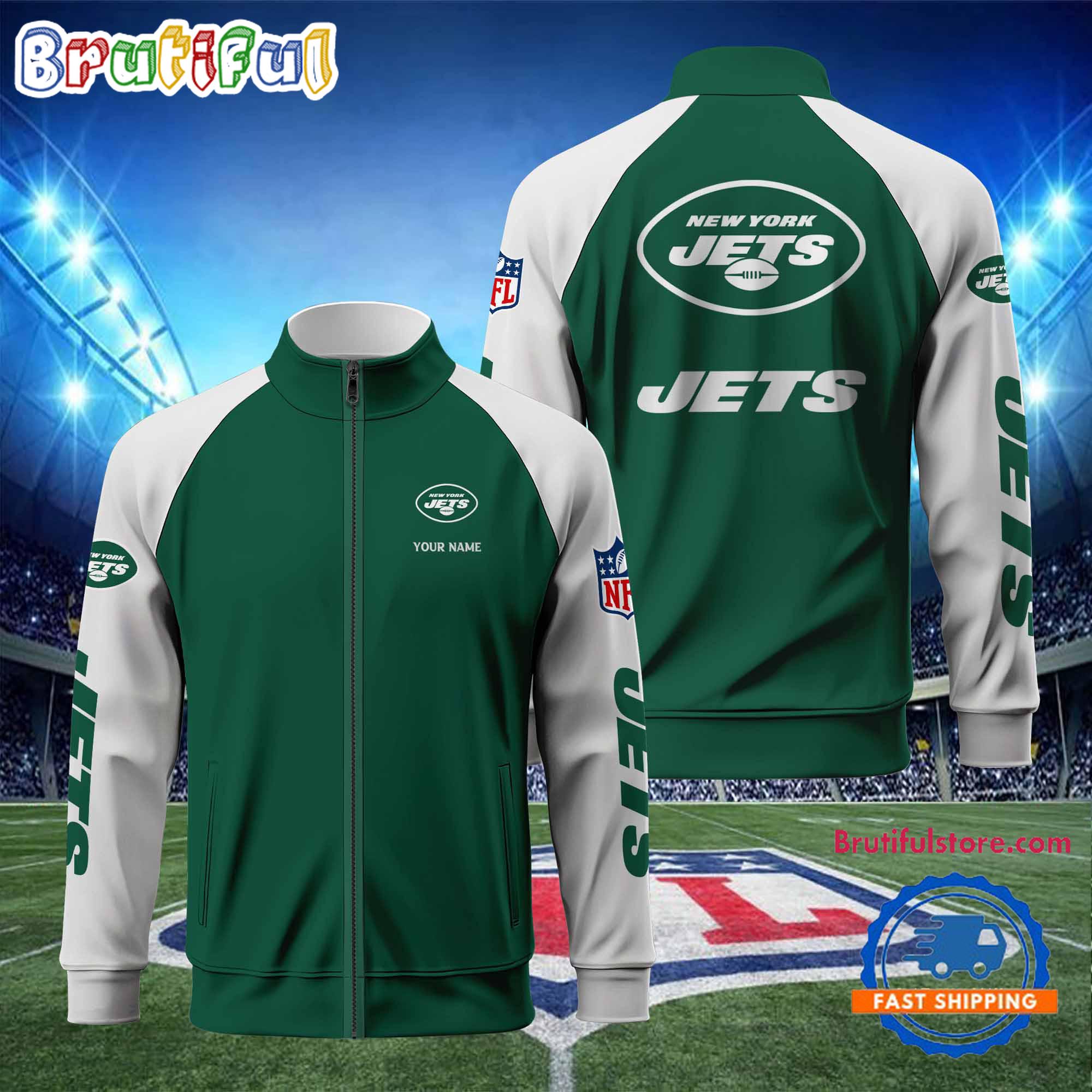 NFL New York Jets Football Team Custom Name Standing Neck Zipper Jacket