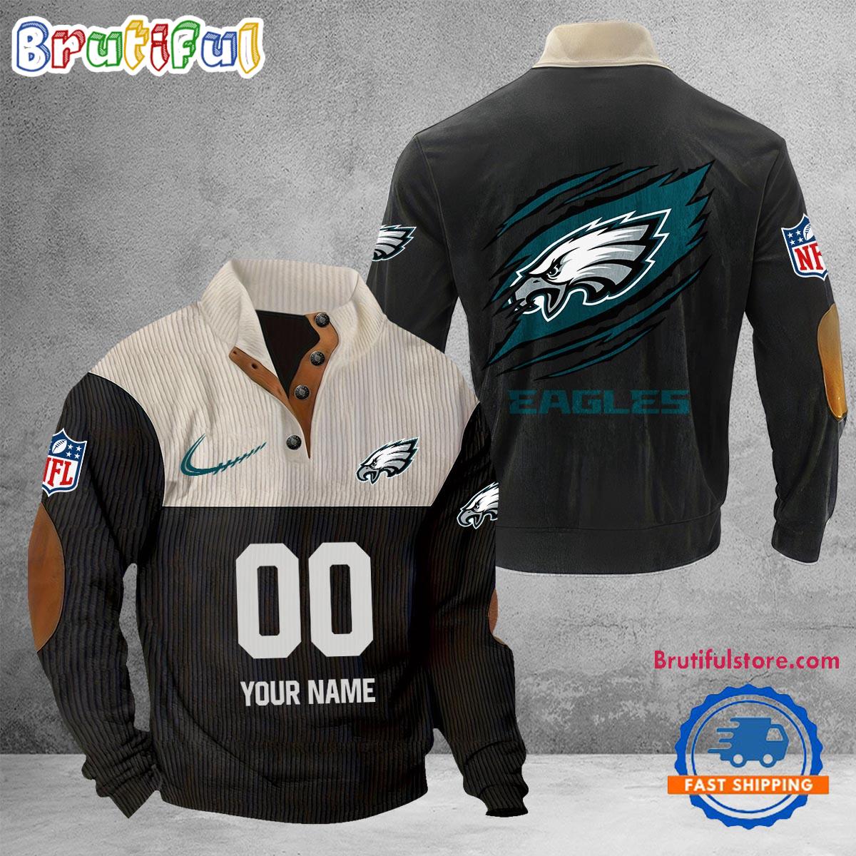 NFL Philadelphia Eagles Football Team Custom Name And Number Buttoned Collar Sweatshirt