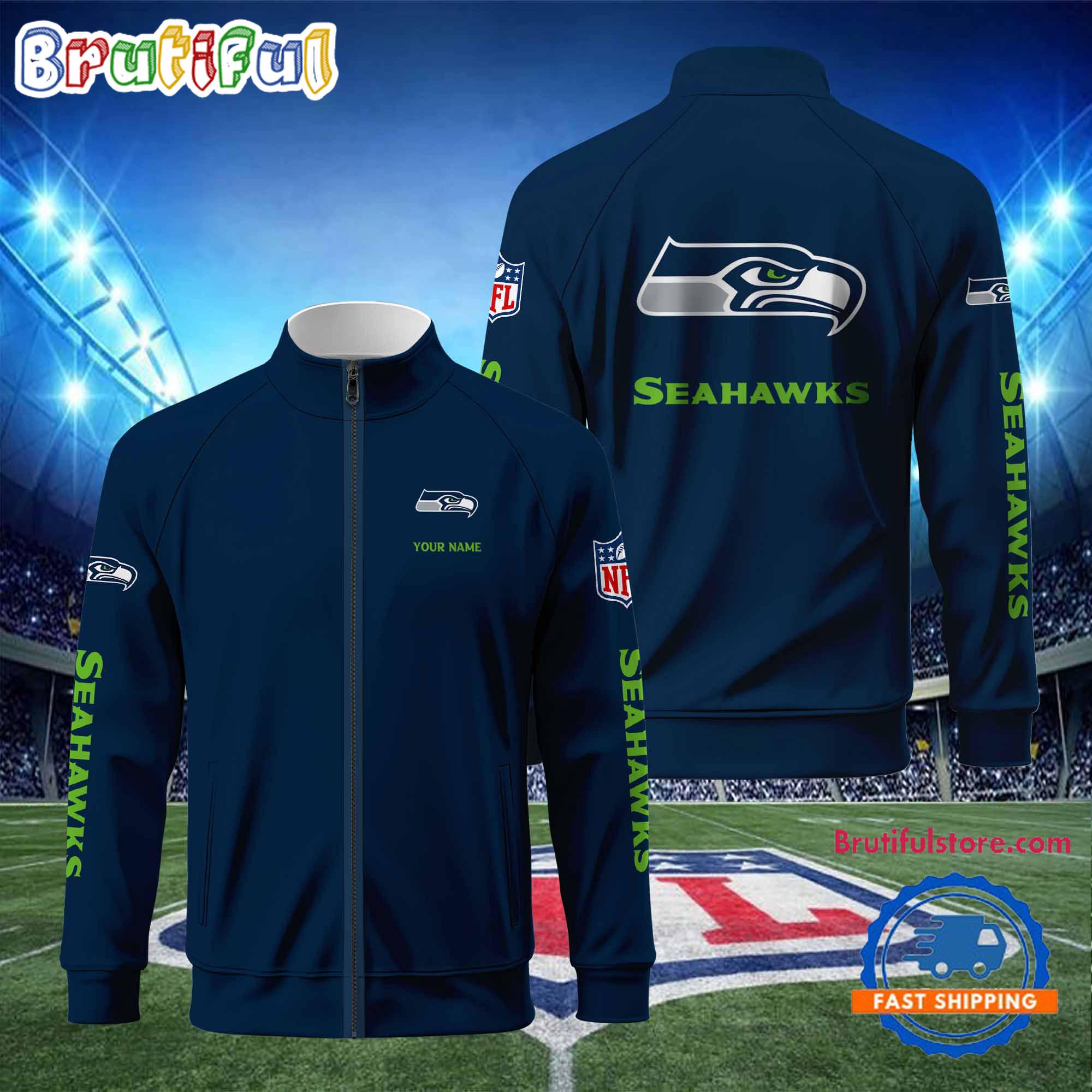 NFL Seattle Seahawks Football Logo Team Standing Neck Zipper Jacket, Custom Football Zipper Jacket