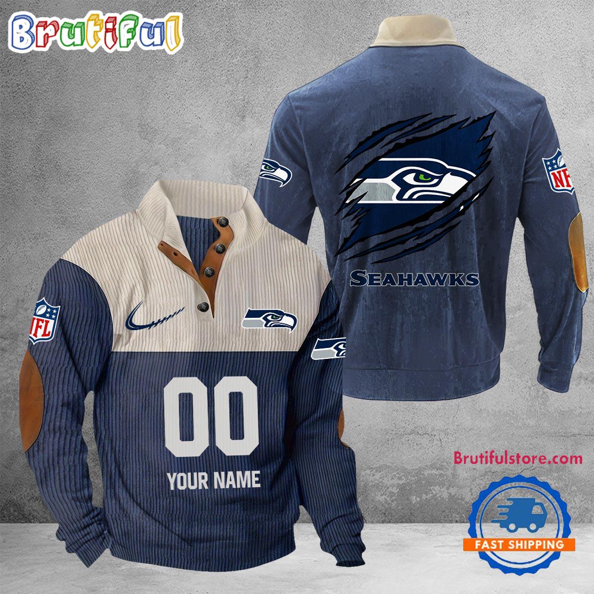 NFL Seattle Seahawks Football Team Custom Name And Number Buttoned Collar Sweatshirt - Image 2