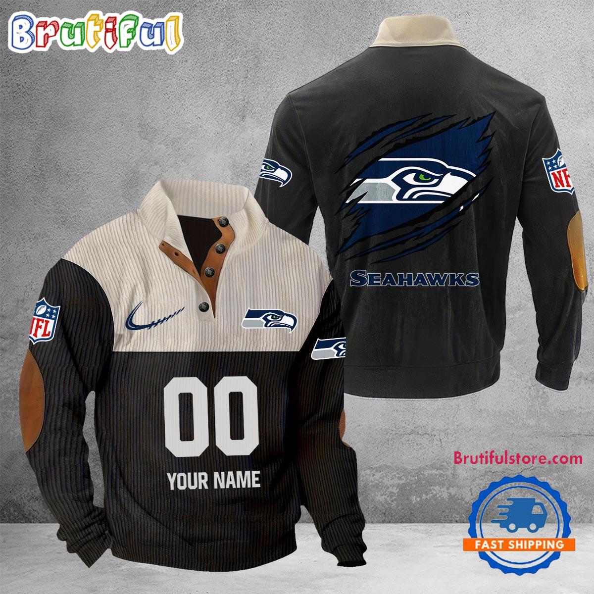 NFL Seattle Seahawks Football Team Custom Name And Number Buttoned Collar Sweatshirt