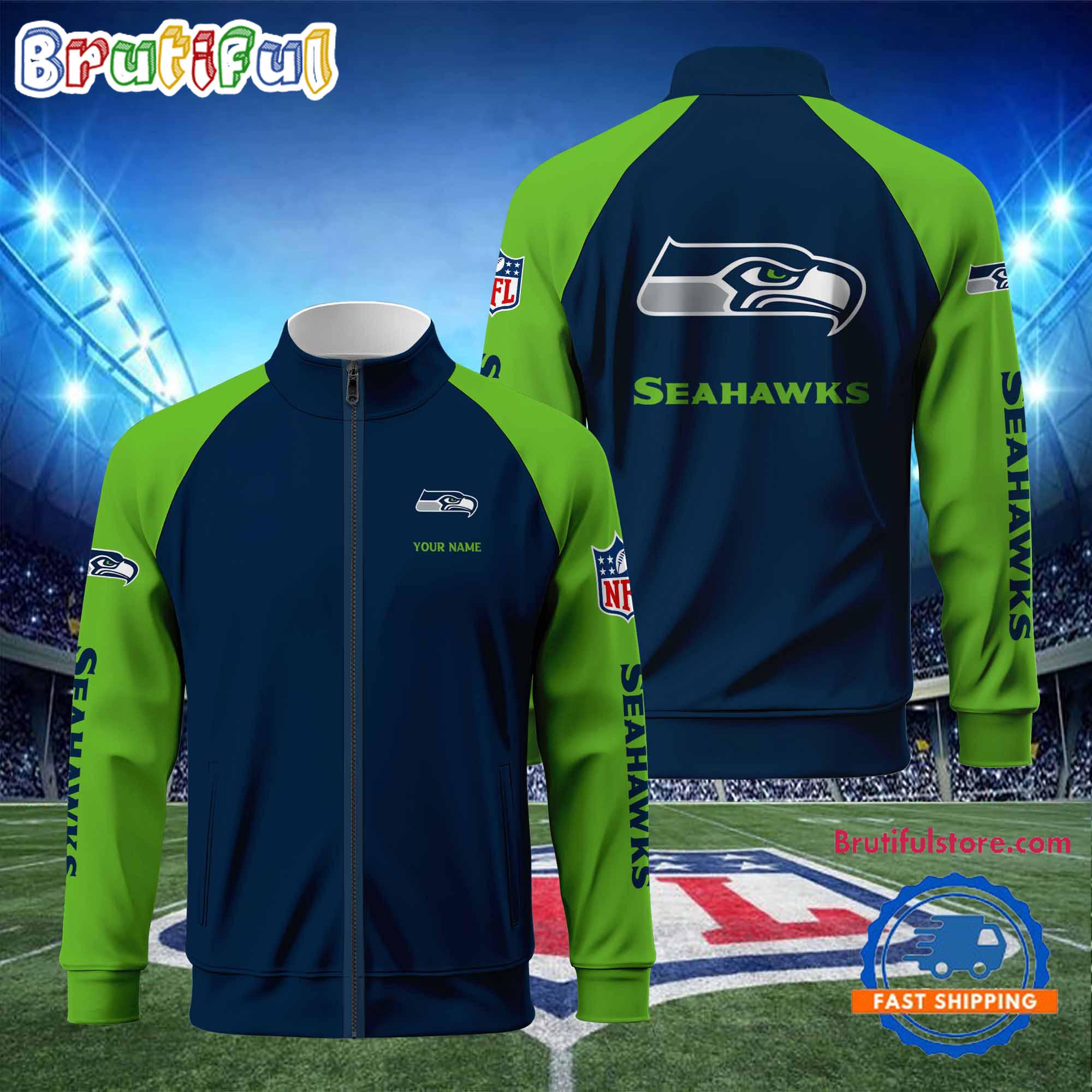 NFL Seattle Seahawks Football Team Custom Name Standing Neck Zipper Jacket