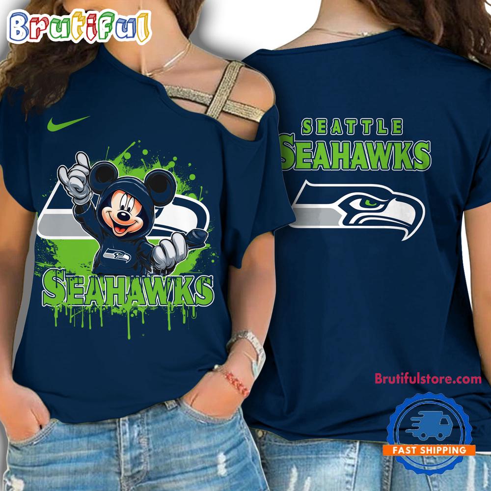NFL Seattle Seahawks Mickey Mouse Women's Cross Strap Shoulder Shirt, Football One Shoulder Shirt