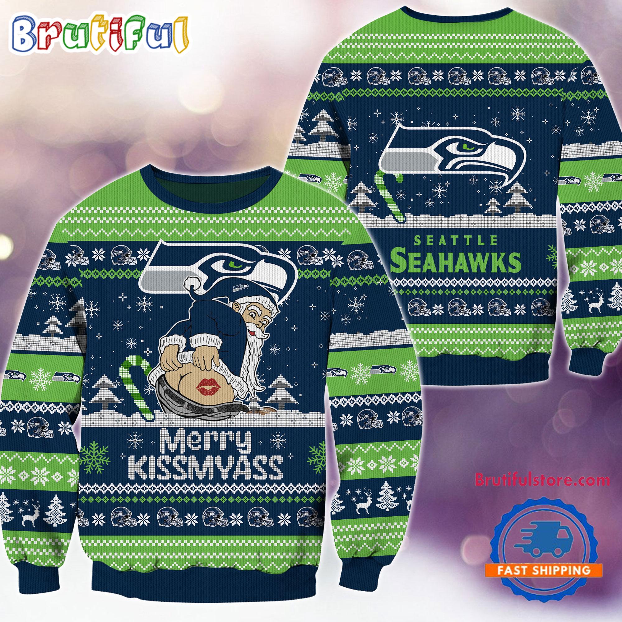 Seattle Seahawks NFL 2024 Merrykissmyass Funny Santa Claus Christmas Ugly Sweater