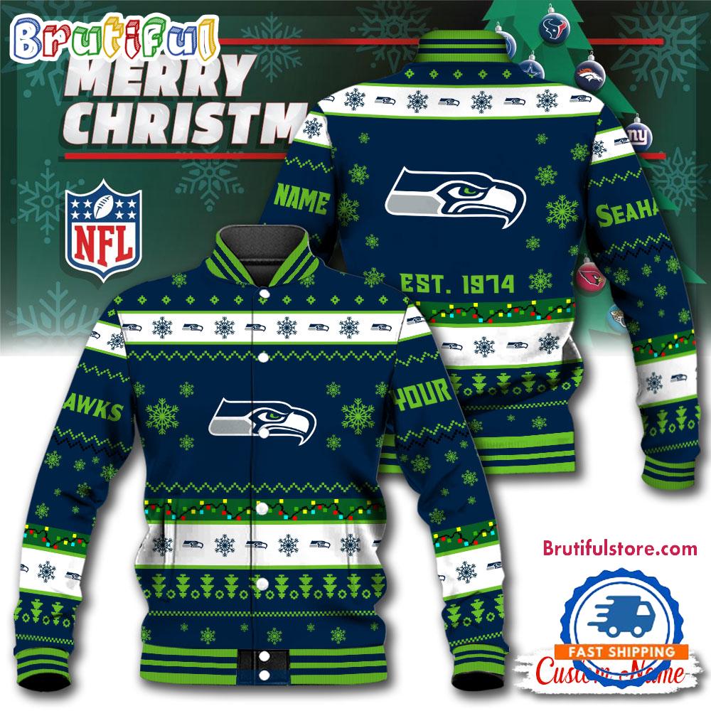 NFL Seattle Seahawks Snow Xmas Tree Christmas Custom Baseball Jacket