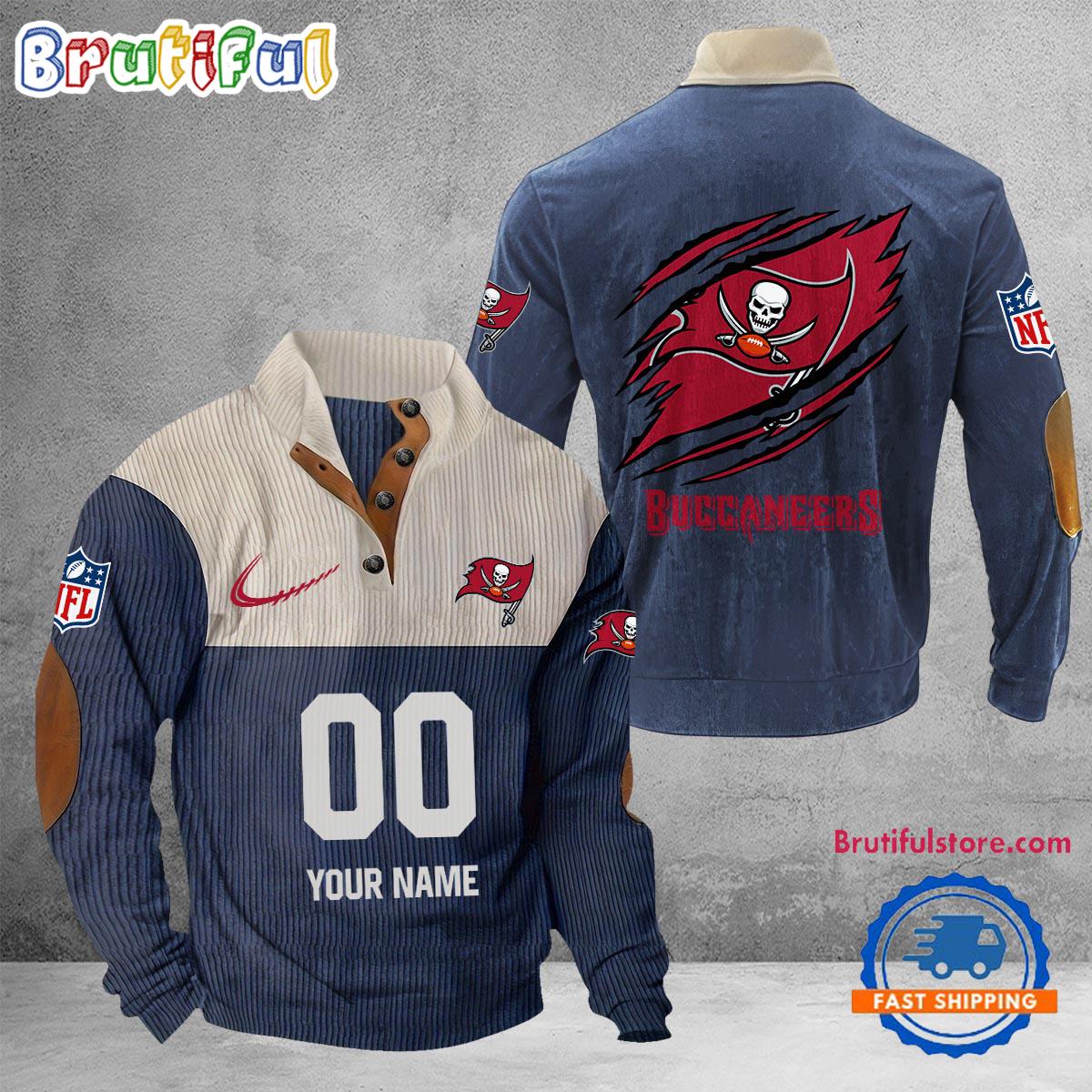 NFL Tampa Bay Buccaneers Football Team Custom Name And Number Buttoned Collar Sweatshirt - Image 2