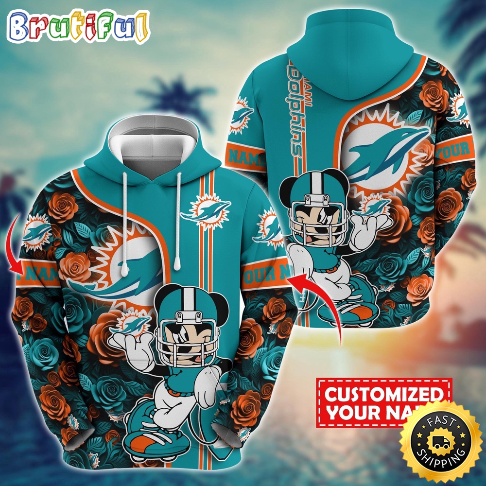 Personalized NFL Miami Dolphins Hoodie Mickey Mouse Flower 3D Print Hoodie