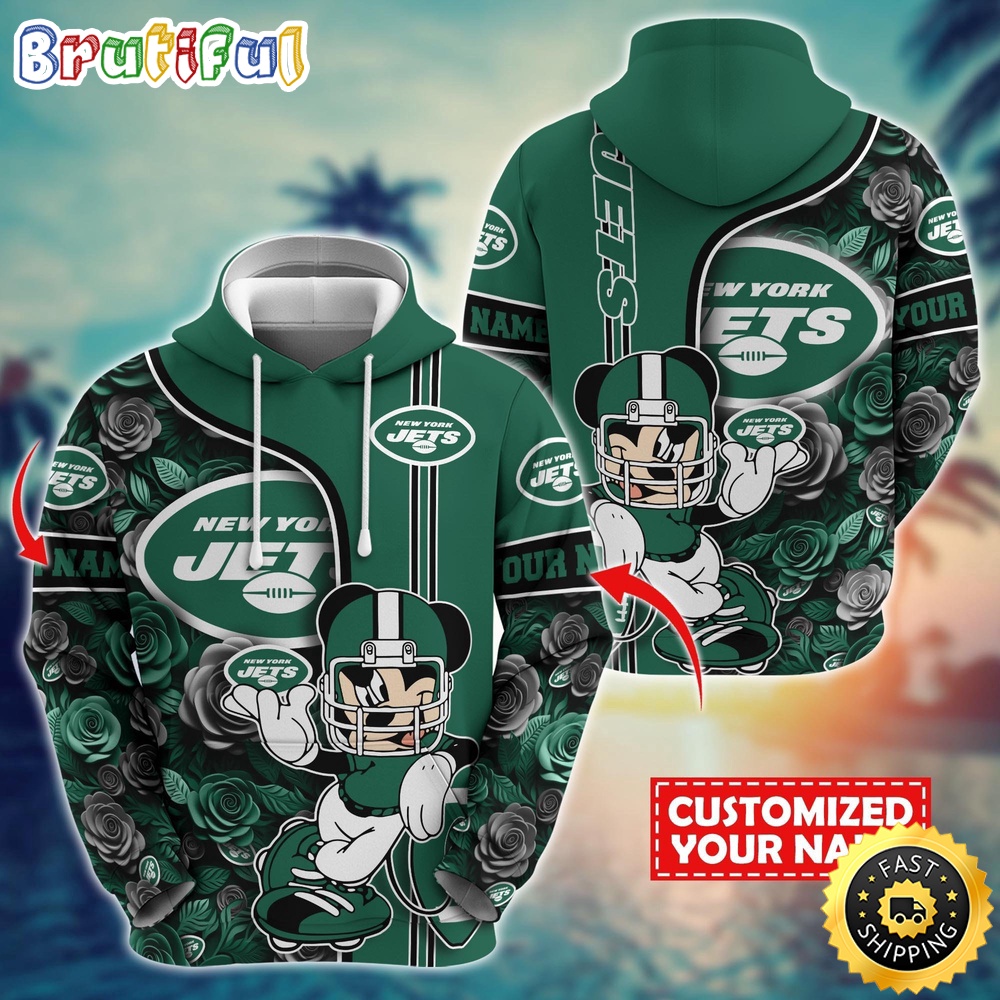Personalized NFL New York Jets Hoodie Mickey Mouse Flower 3D Print Hoodie